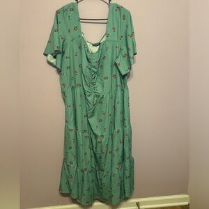BloomChic Cherry Print Heart Neckline Drawstring Pleated Dress